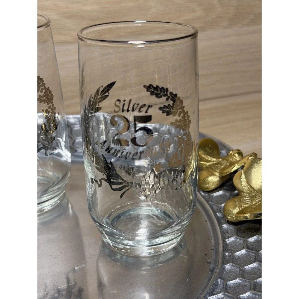 Vintage Glass Silver 25th Anniversary Set of 4 Drinking Glasses 5”